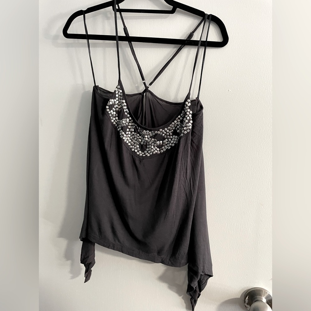 GUESS Women’s Gray Asymmetrical Embellished Tank Top Size Large
